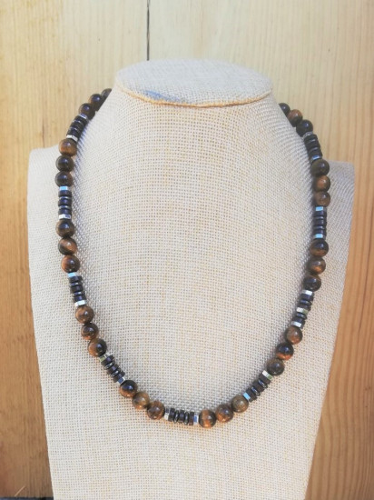 COLLIER HOMME OEIL DU TIGRE/HEMATITE/BOIS